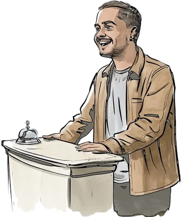 Getekend portret van Tim, lachend achter een loket met een belletje